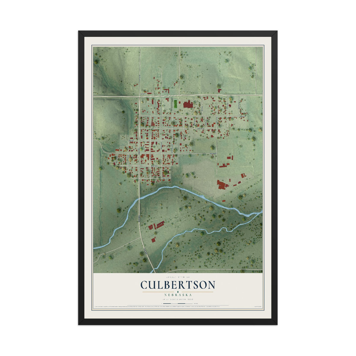 Map of Culbertson, Nebraska, 12 x 18 inch print in a black wood frame