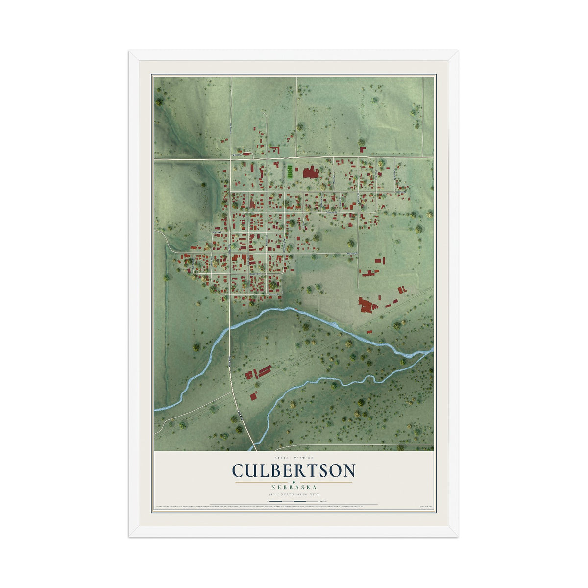 Map of Culbertson, Nebraska, 12 x 18 inch print in a white wood frame