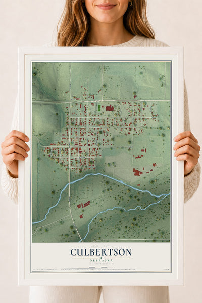 Map of Culbertson, Nebraska, 18 x 24 inch print in a white wood frame