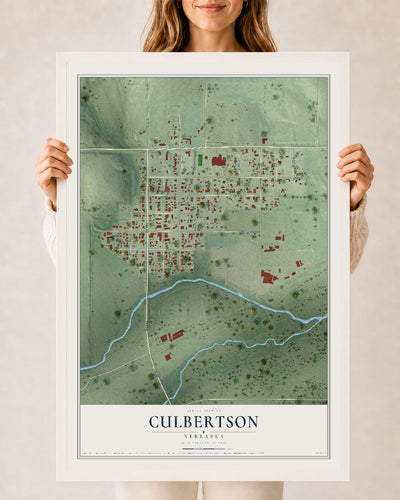 Map of Culbertson, Nebraska, 24 x 36 inch print in a white wood frame