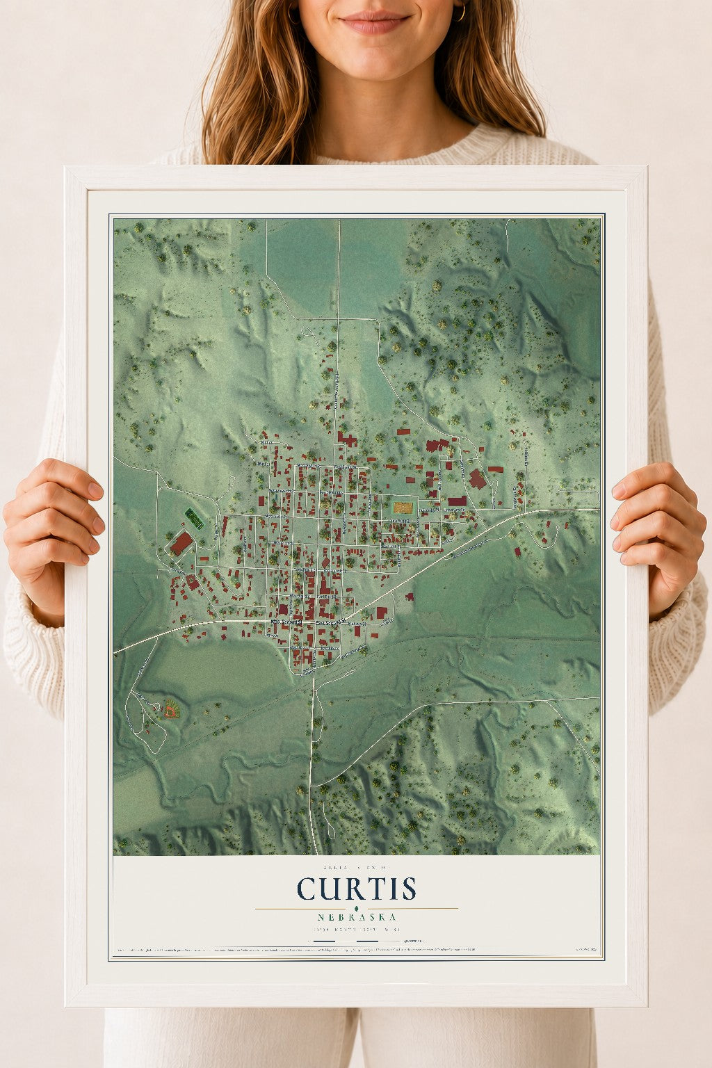 Map of Curtis, Nebraska, 18 x 24 inch print in a white wood frame