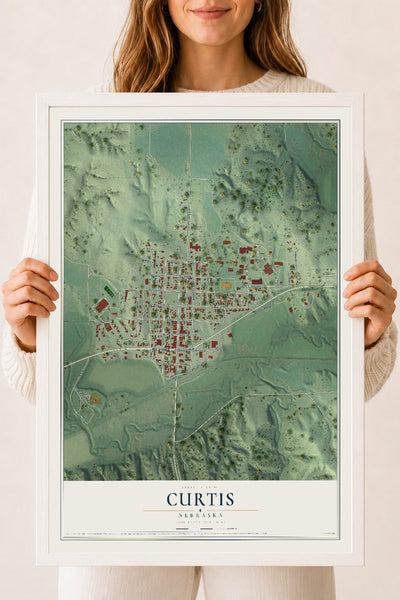 Map of Curtis, Nebraska, 18 x 24 inch print in a white wood frame
