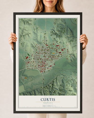 Map of Curtis, Nebraska, 24 x 36 inch print in a black wood frame