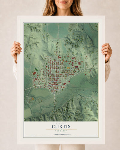 Map of Curtis, Nebraska, 24 x 36 inch print in a white wood frame