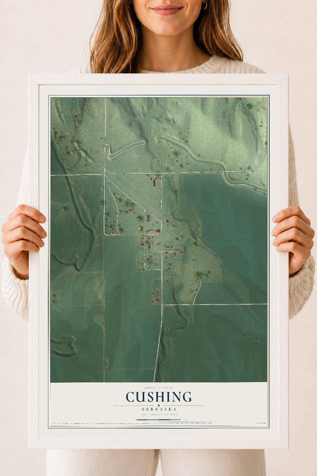 Map of Cushing, Nebraska, 18 x 24 inch print in a white wood frame