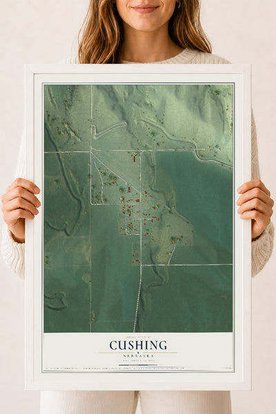 Map of Cushing, Nebraska, 18 x 24 inch print in a white wood frame