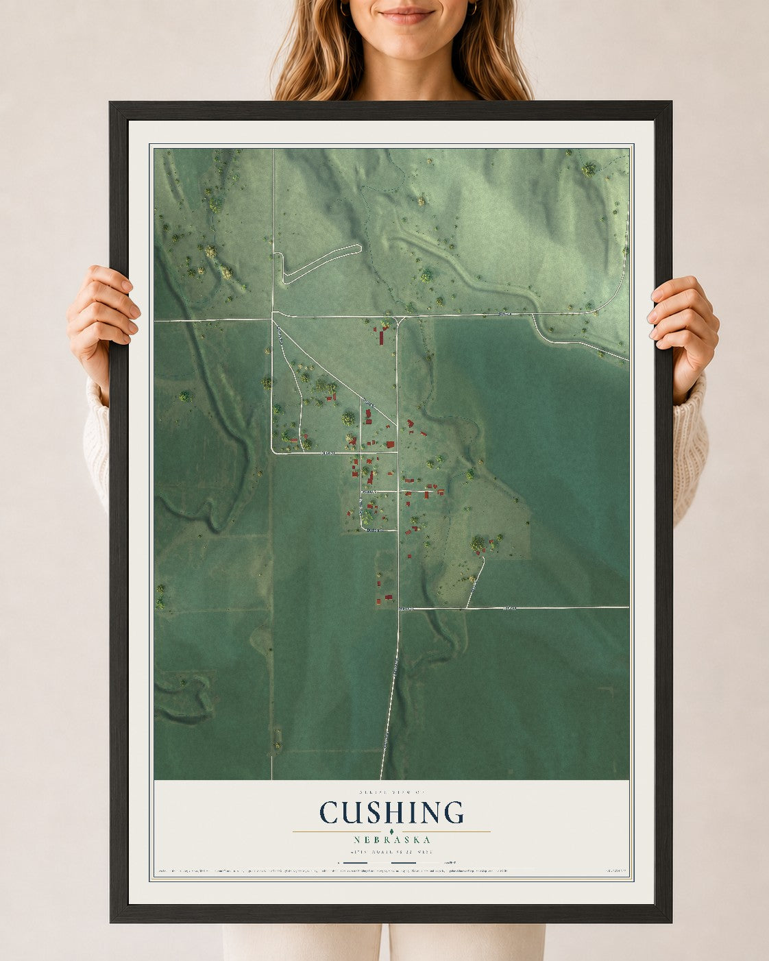 Map of Cushing, Nebraska, 24 x 36 inch print in a black wood frame