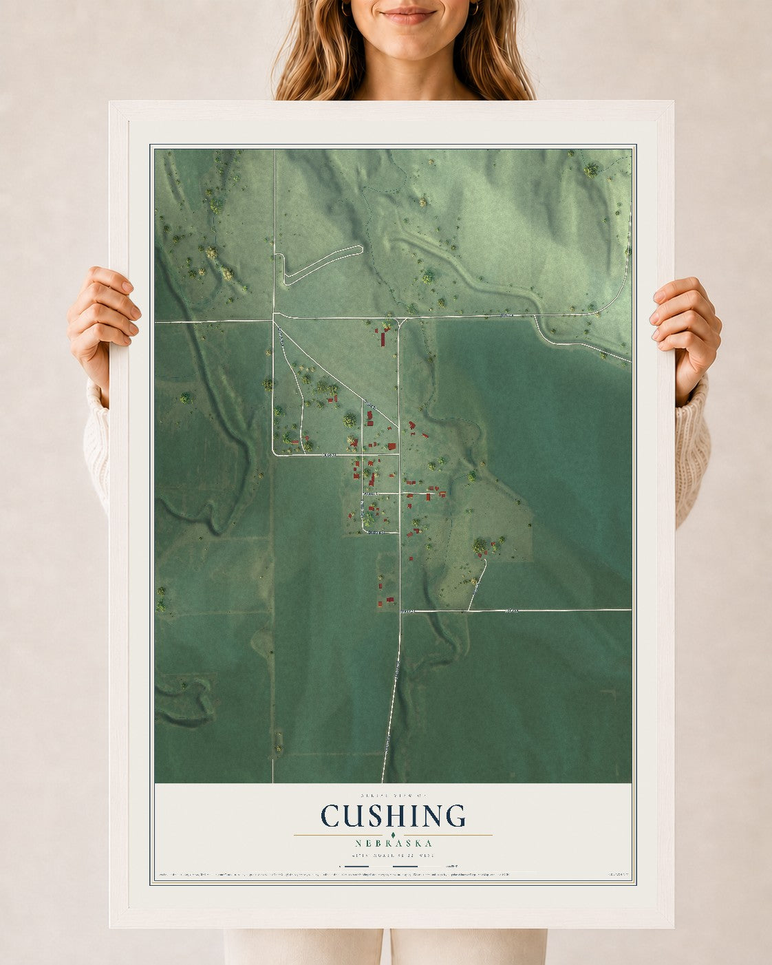 Map of Cushing, Nebraska, 24 x 36 inch print in a white wood frame