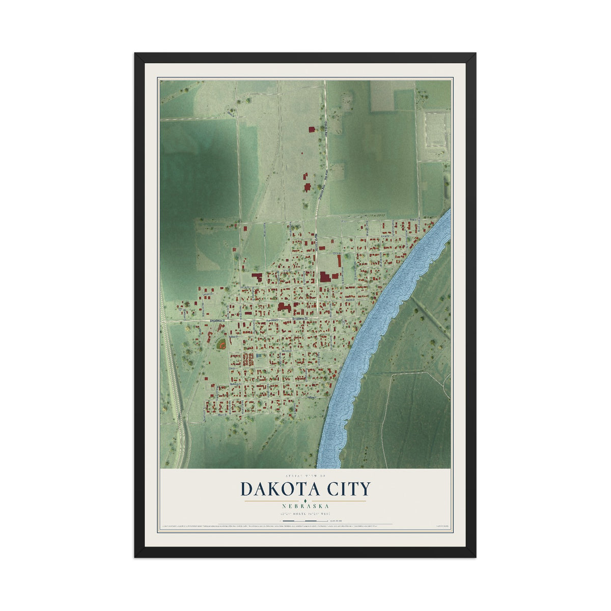 Map of Dakota City, Nebraska, 12 x 18 inch print in a black wood frame
