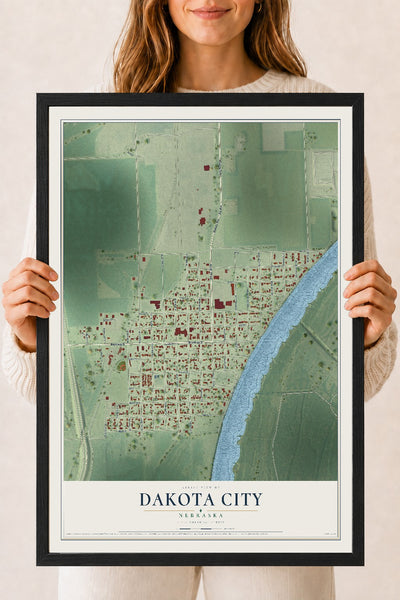 Map of Dakota City, Nebraska, 18 x 24 inch print in a black wood frame