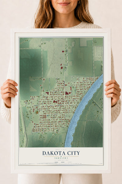 Map of Dakota City, Nebraska, 18 x 24 inch print in a white wood frame