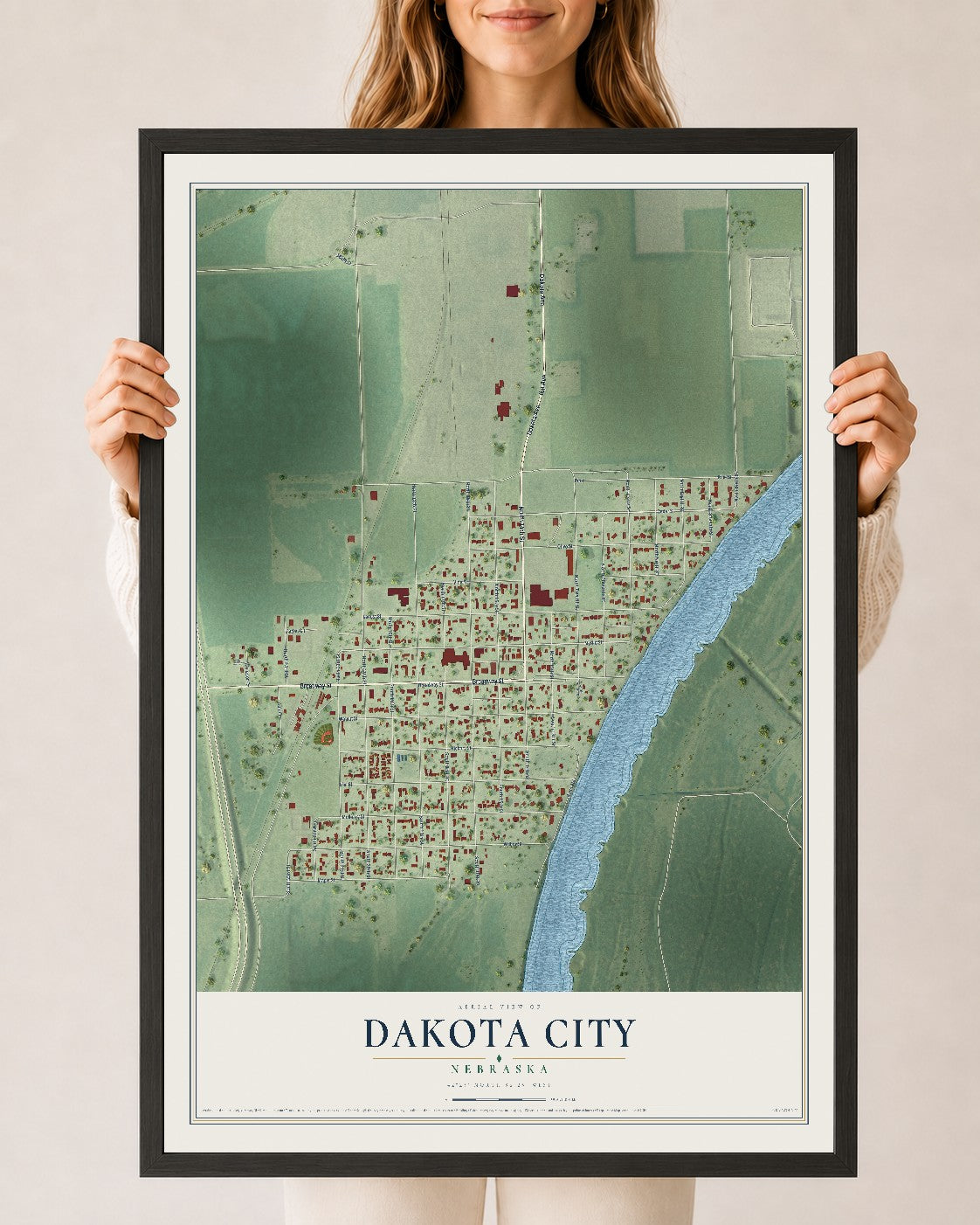 Map of Dakota City, Nebraska, 24 x 36 inch print in a black wood frame