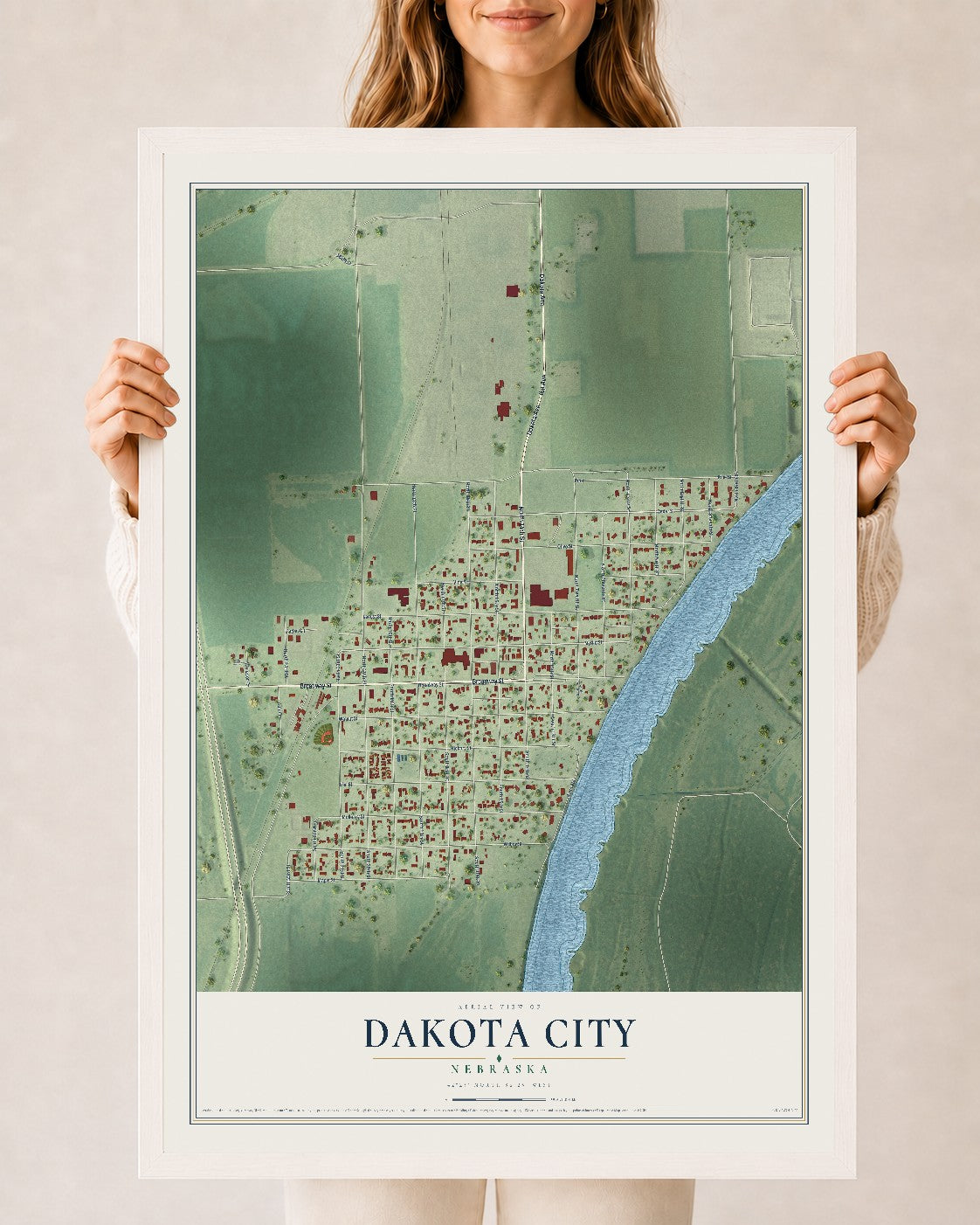Map of Dakota City, Nebraska, 24 x 36 inch print in a white wood frame