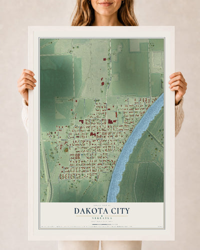 Map of Dakota City, Nebraska, 24 x 36 inch print in a white wood frame