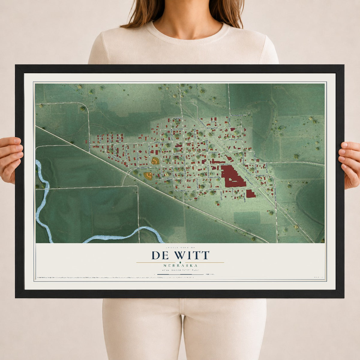 Map of De Witt, Nebraska, 18 x 24 inch print in a black wood frame