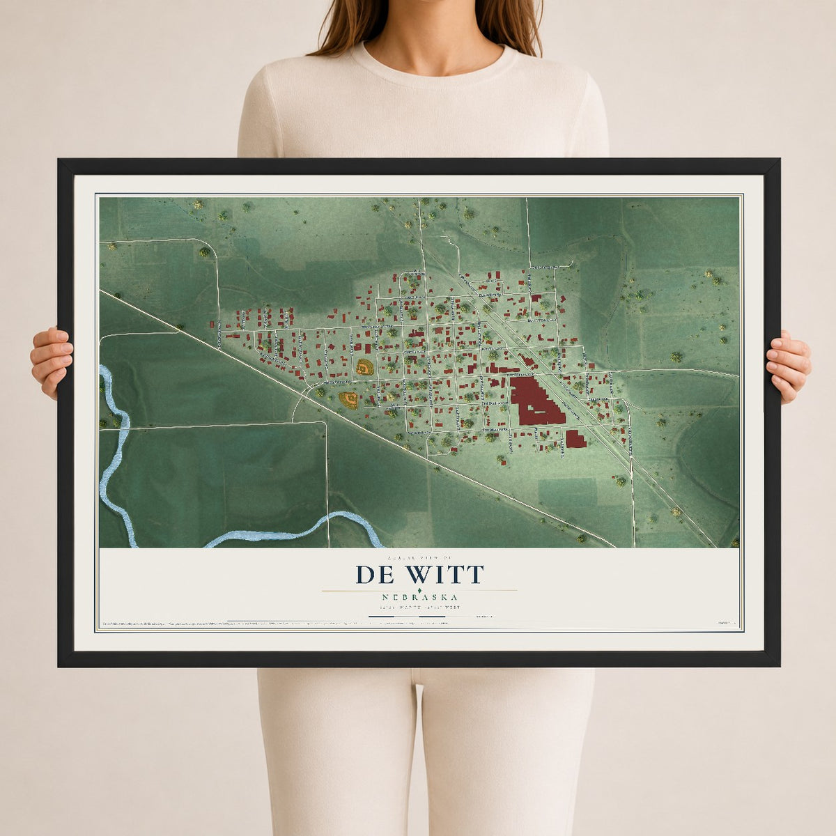 Map of De Witt, Nebraska, 24 x 36 inch print in a black wood frame
