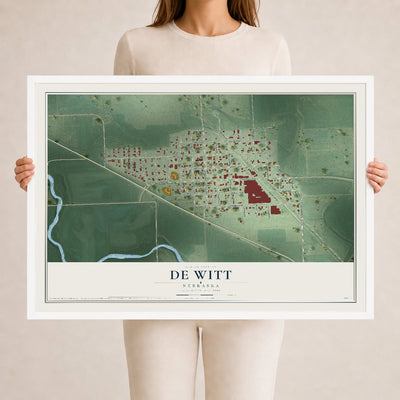Map of De Witt, Nebraska, 24 x 36 inch print in a white wood frame