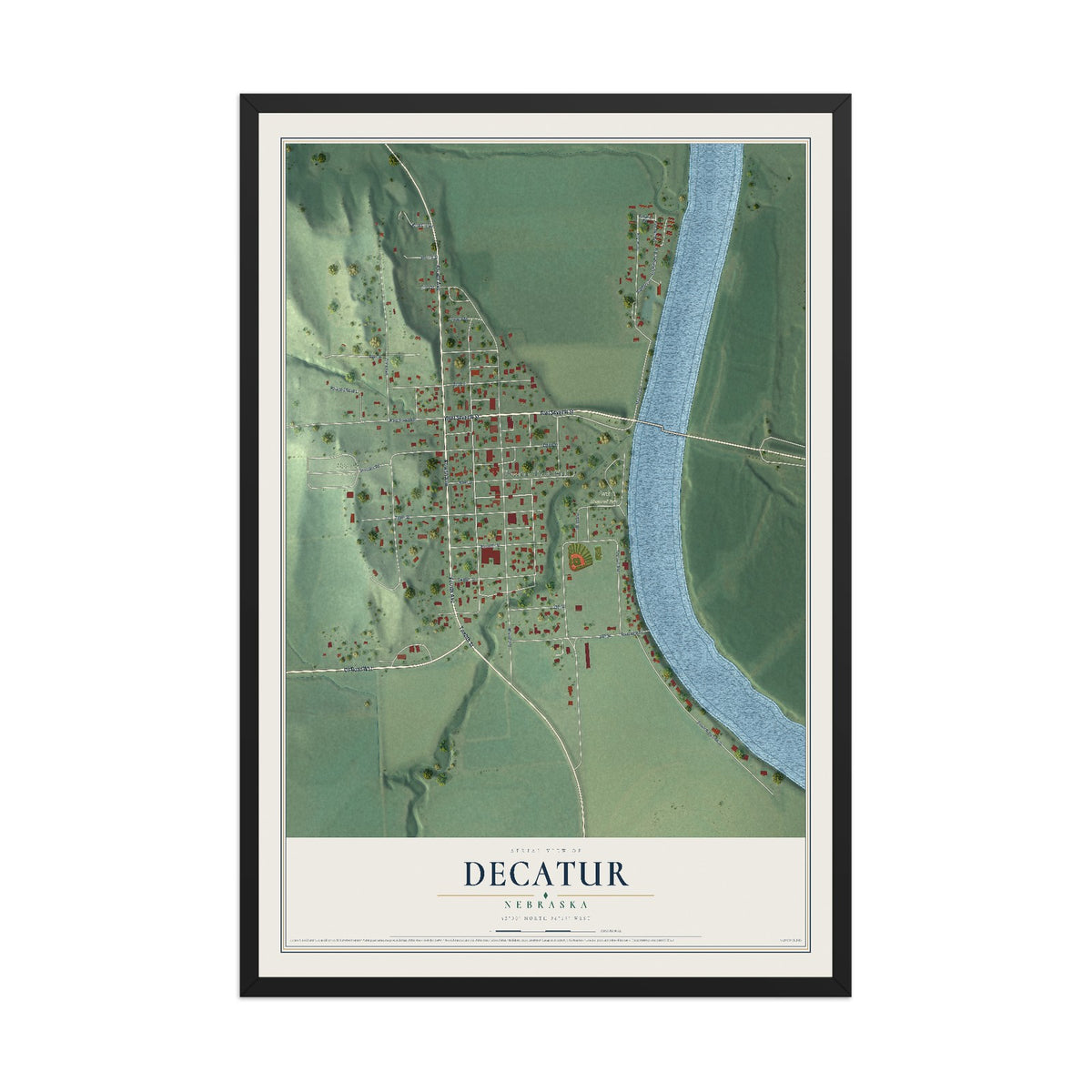 Map of Decatur, Nebraska, 12 x 18 inch print in a black wood frame