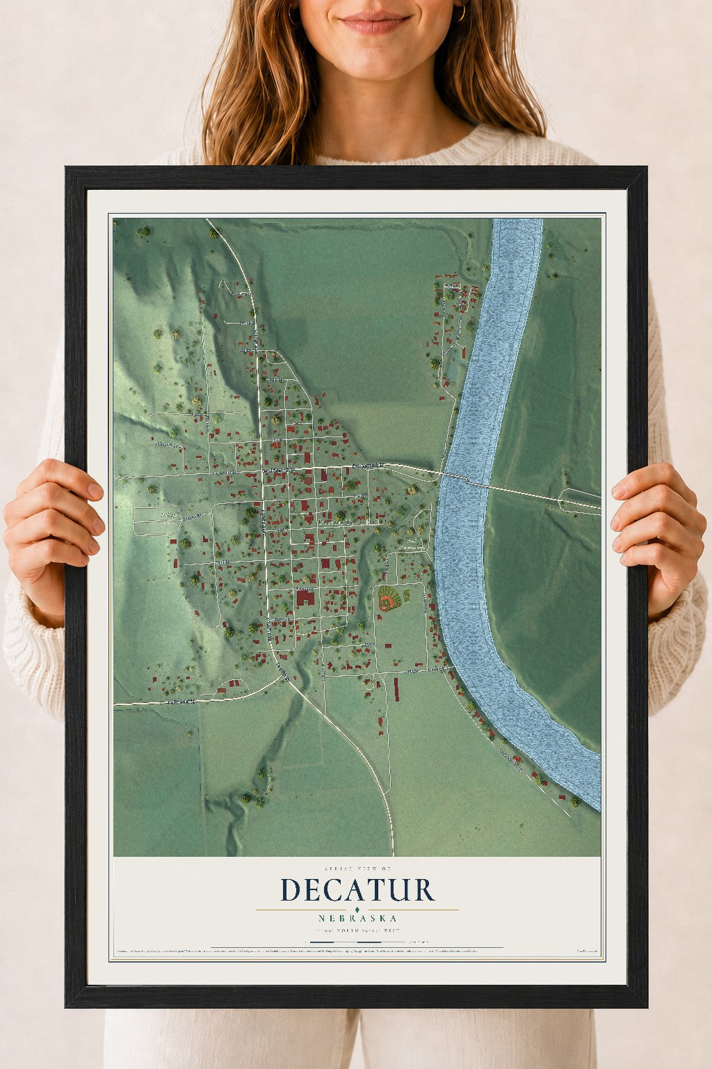 Map of Decatur, Nebraska, 18 x 24 inch print in a black wood frame