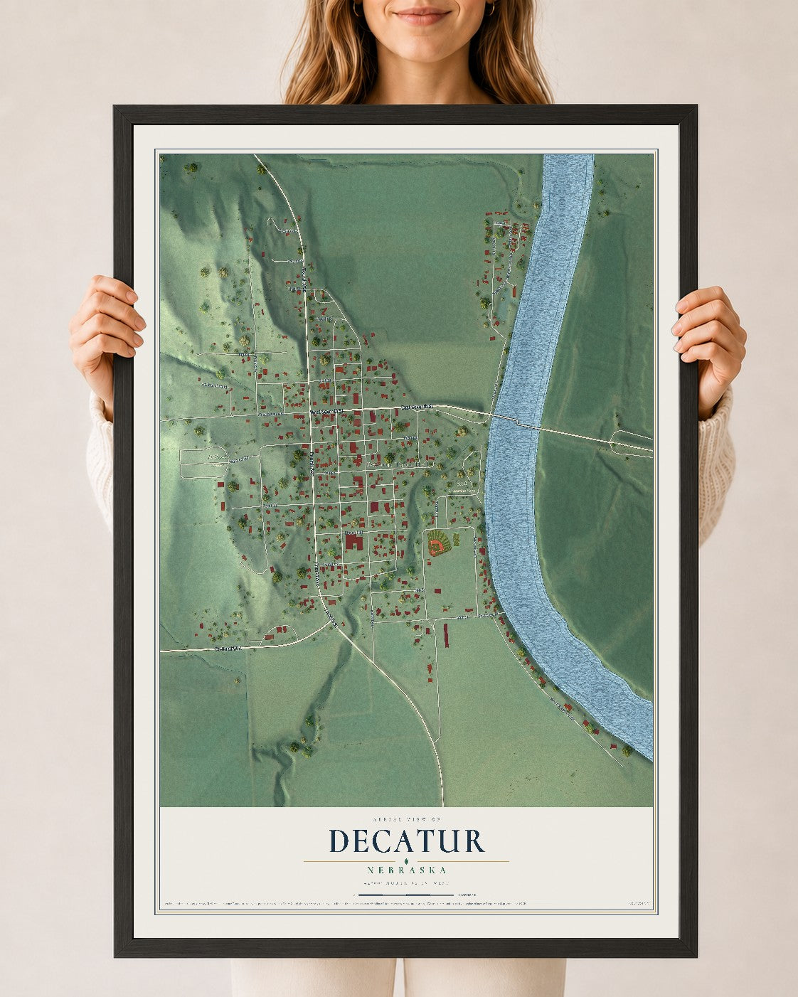 Map of Decatur, Nebraska, 24 x 36 inch print in a black wood frame