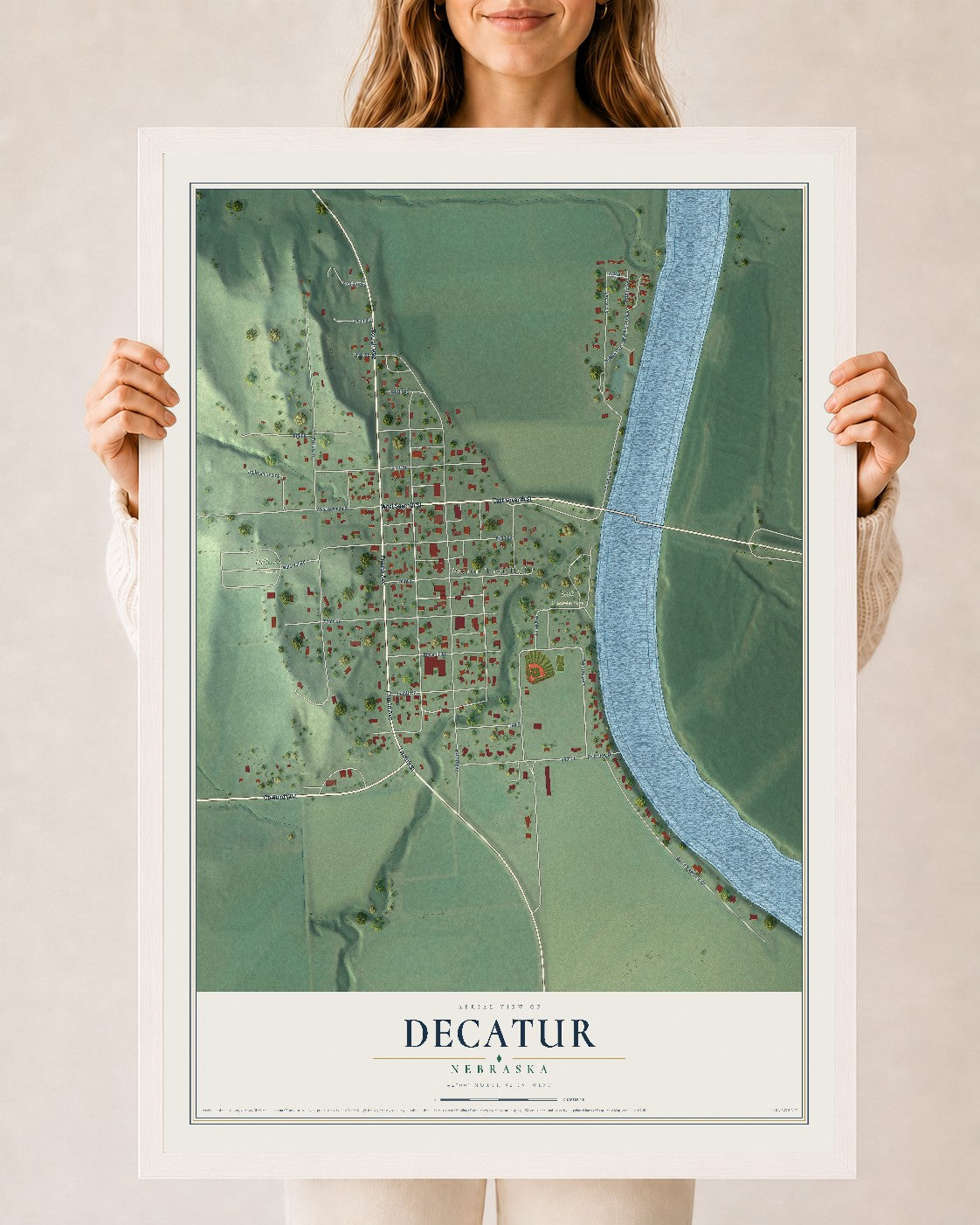 Map of Decatur, Nebraska, 24 x 36 inch print in a white wood frame