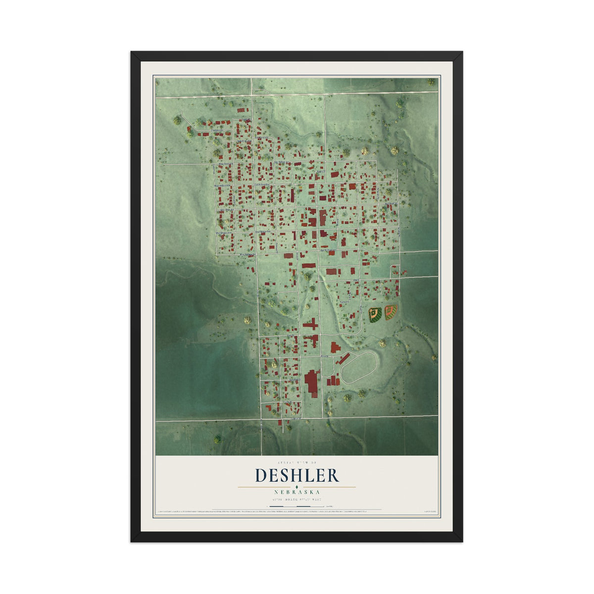 Map of Deshler, Nebraska, 12 x 18 inch print in a black wood frame
