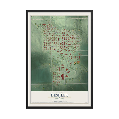 Map of Deshler, Nebraska, 12 x 18 inch print in a black wood frame