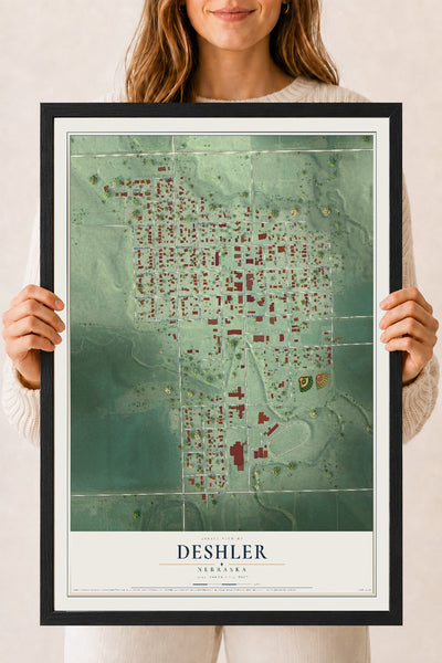 Map of Deshler, Nebraska, 18 x 24 inch print in a black wood frame