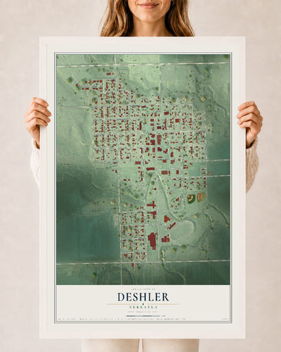 Map of Deshler, Nebraska, 24 x 36 inch print in a white wood frame