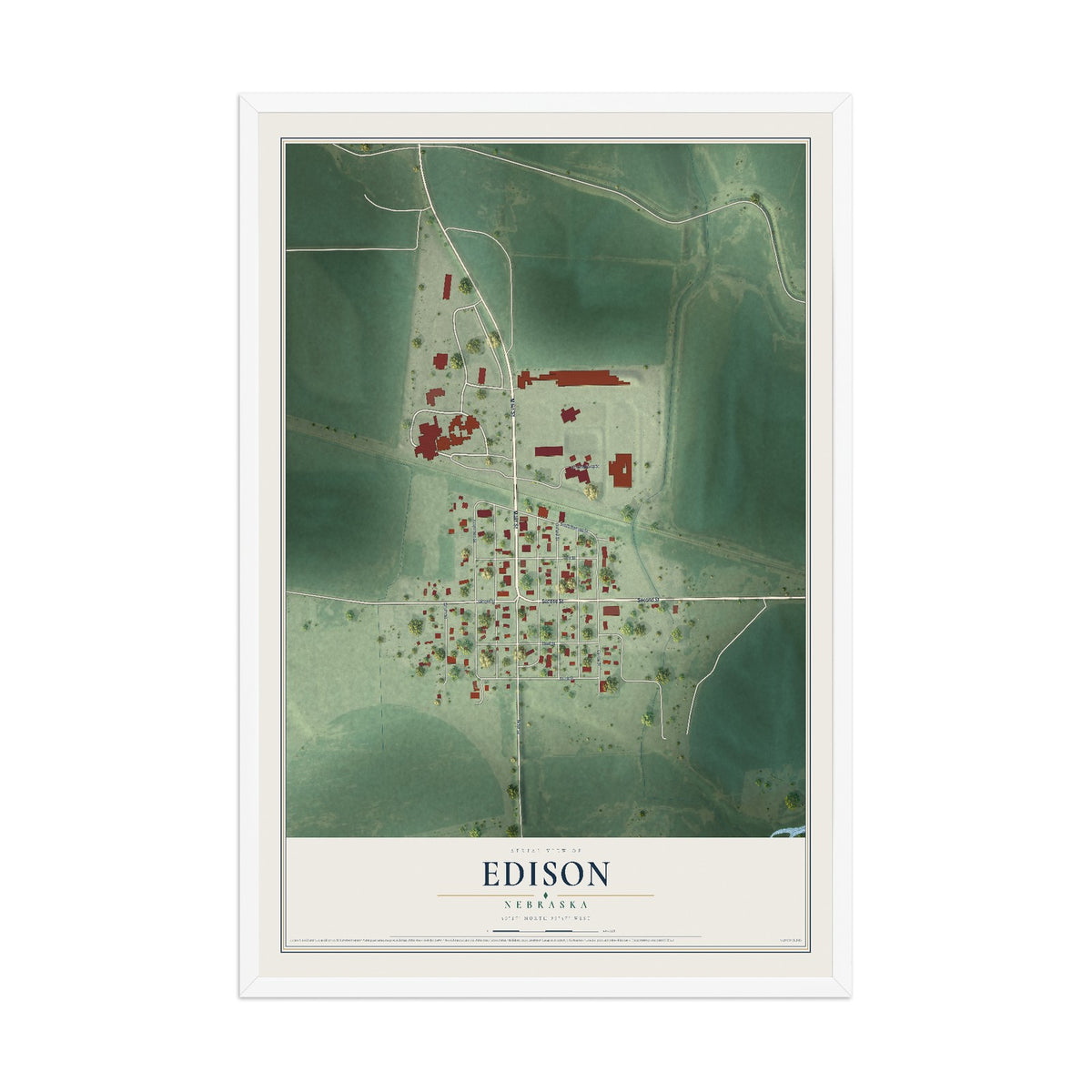 Map of Edison, Nebraska, 12 x 18 inch print in a white wood frame