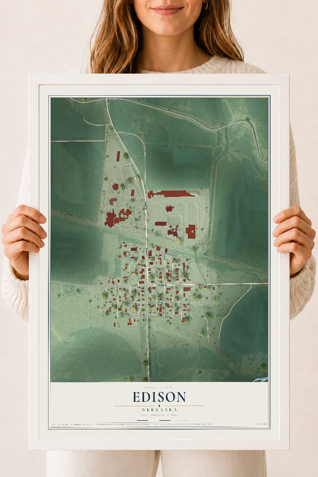 Map of Edison, Nebraska, 18 x 24 inch print in a white wood frame