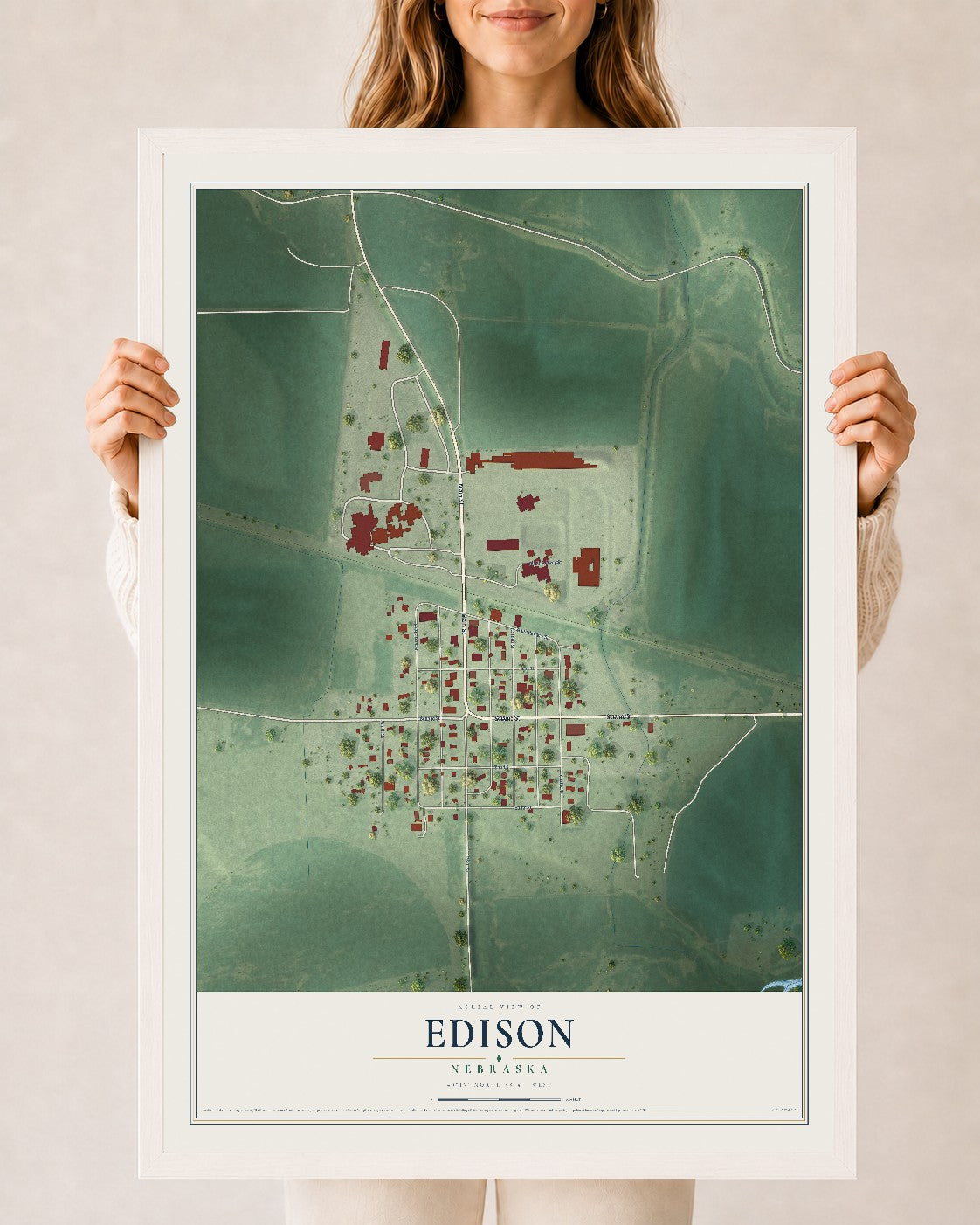 Map of Edison, Nebraska, 24 x 36 inch print in a white wood frame