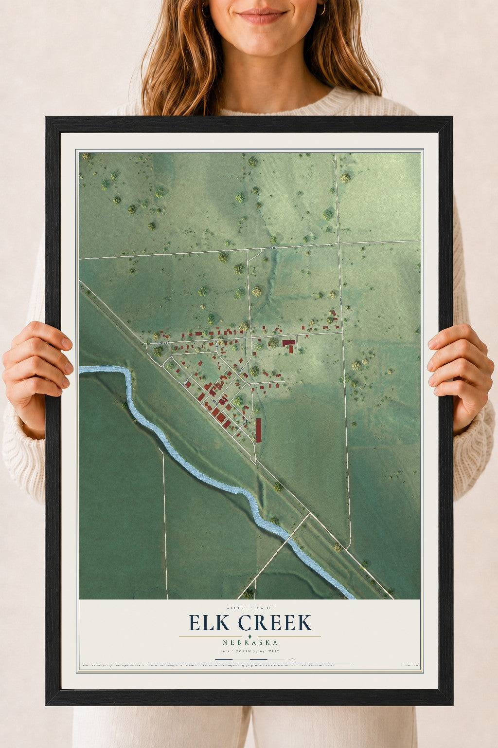 Map of Elk Creek, Nebraska, 18 x 24 inch print in a black wood frame