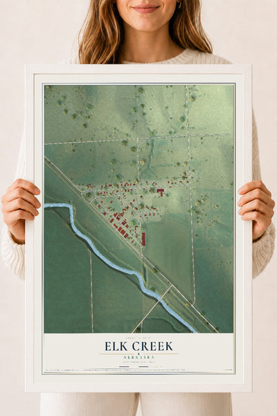 Map of Elk Creek, Nebraska, 18 x 24 inch print in a white wood frame