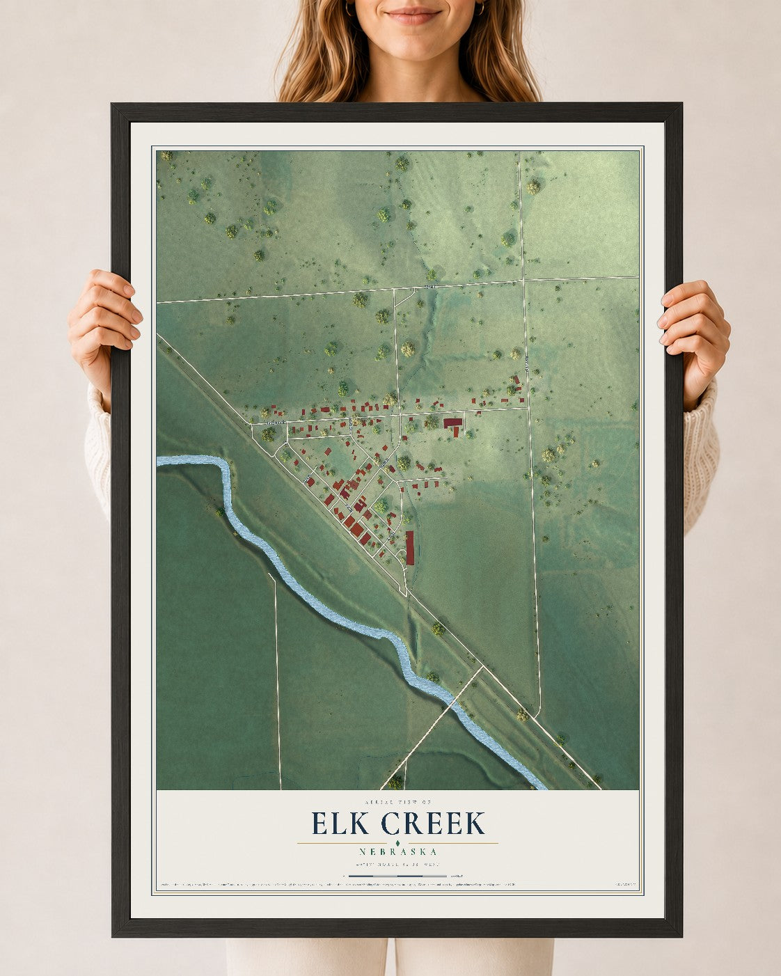 Map of Elk Creek, Nebraska, 24 x 36 inch print in a black wood frame