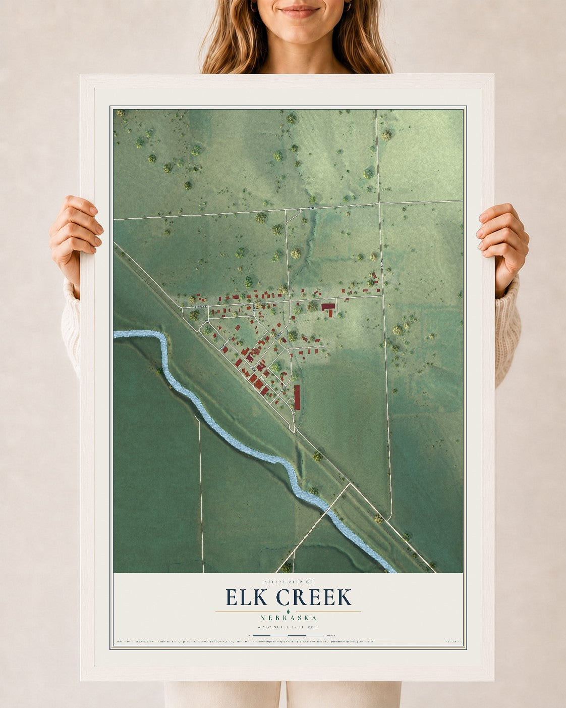 Map of Elk Creek, Nebraska, 24 x 36 inch print in a white wood frame