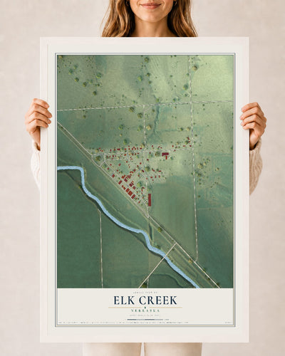 Map of Elk Creek, Nebraska, 24 x 36 inch print in a white wood frame