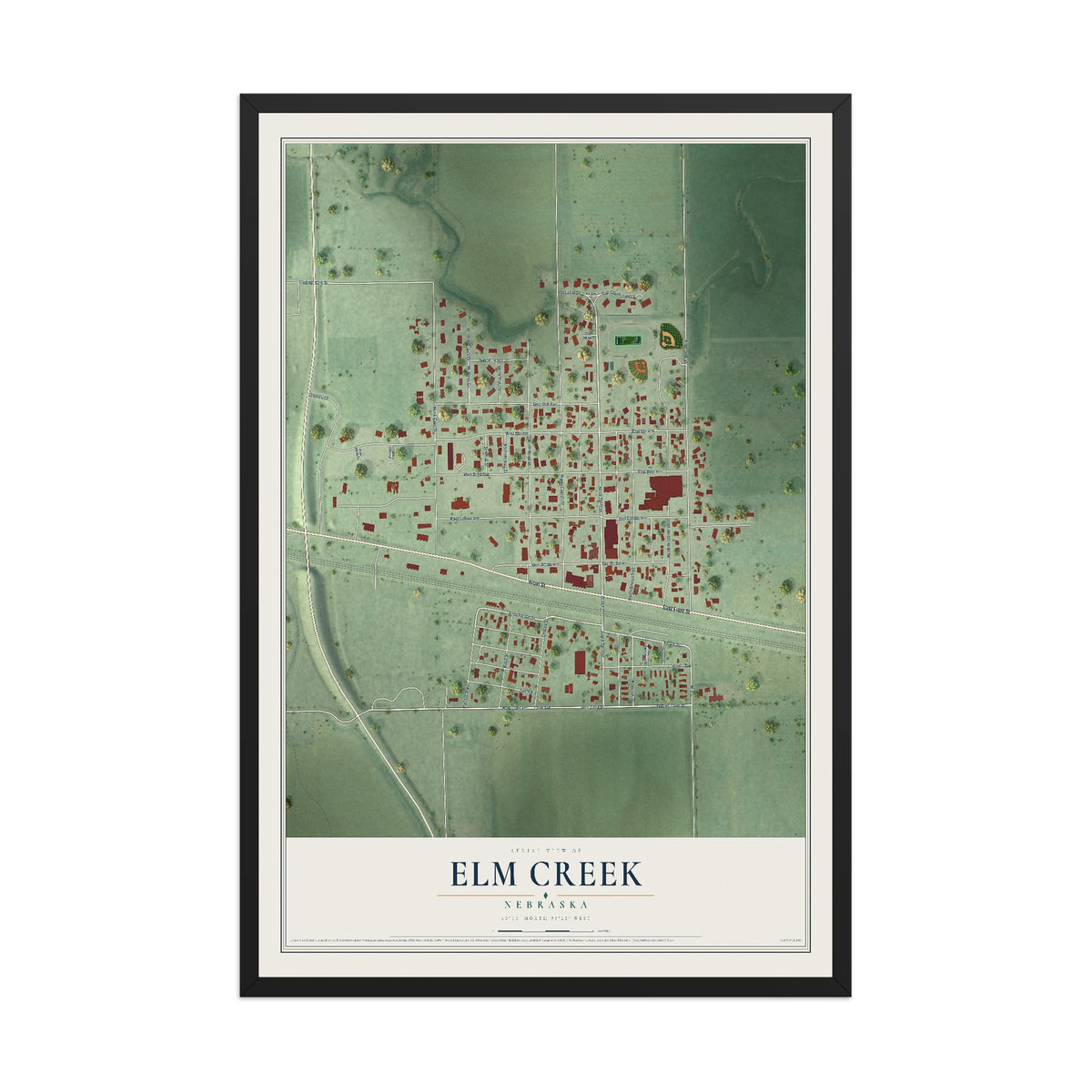 Map of Elm Creek, Nebraska, 12 x 18 inch print in a black wood frame