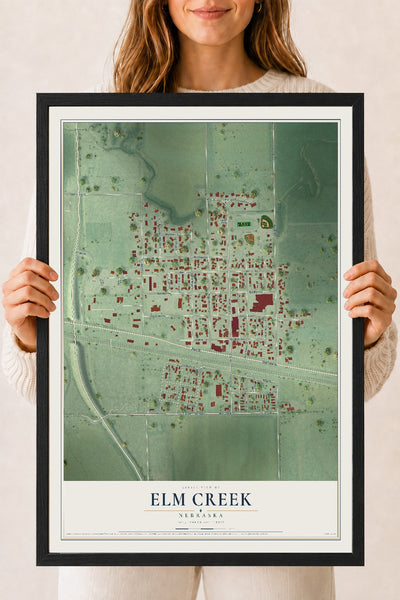 Map of Elm Creek, Nebraska, 18 x 24 inch print in a black wood frame