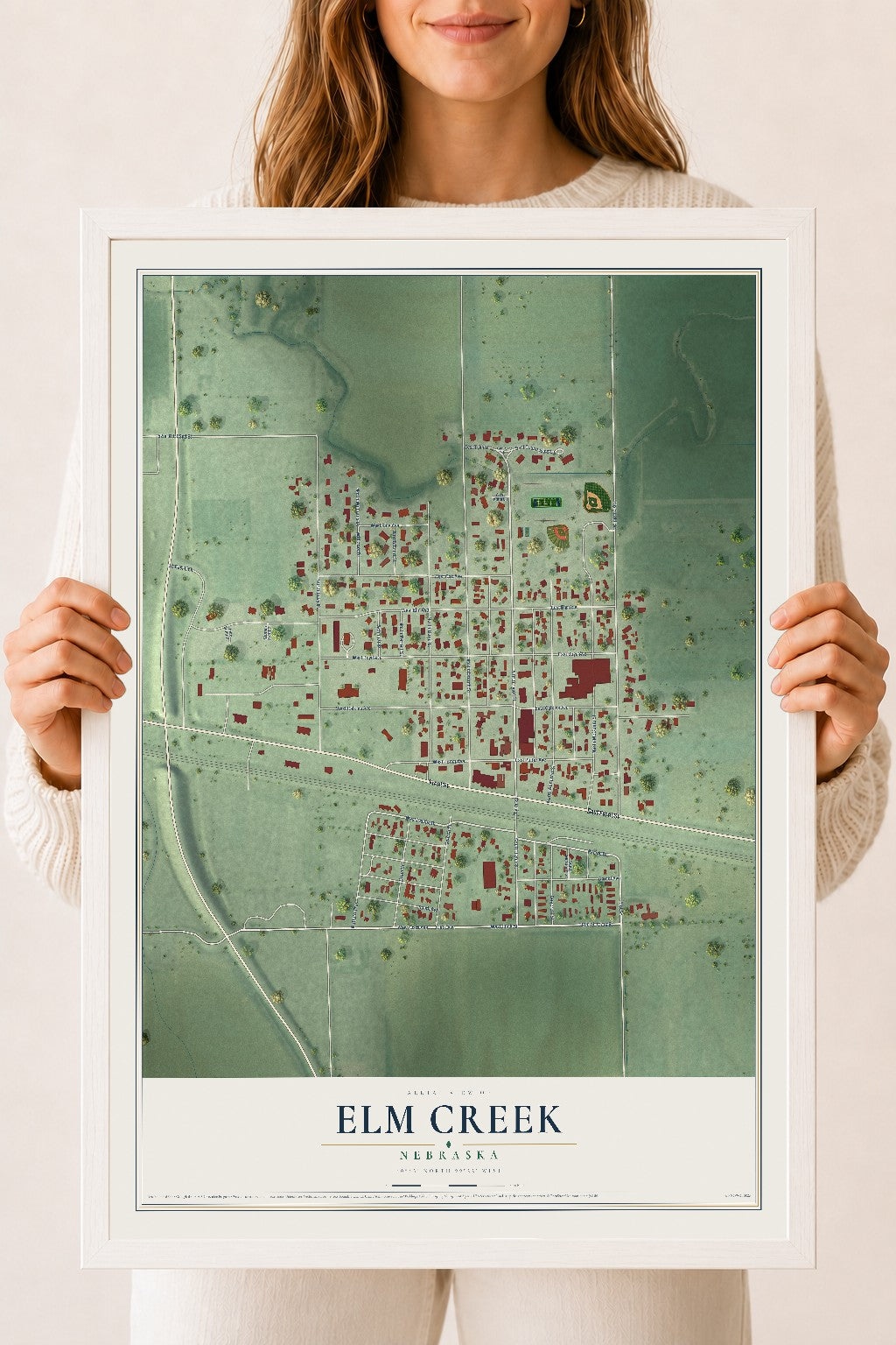 Map of Elm Creek, Nebraska, 18 x 24 inch print in a white wood frame