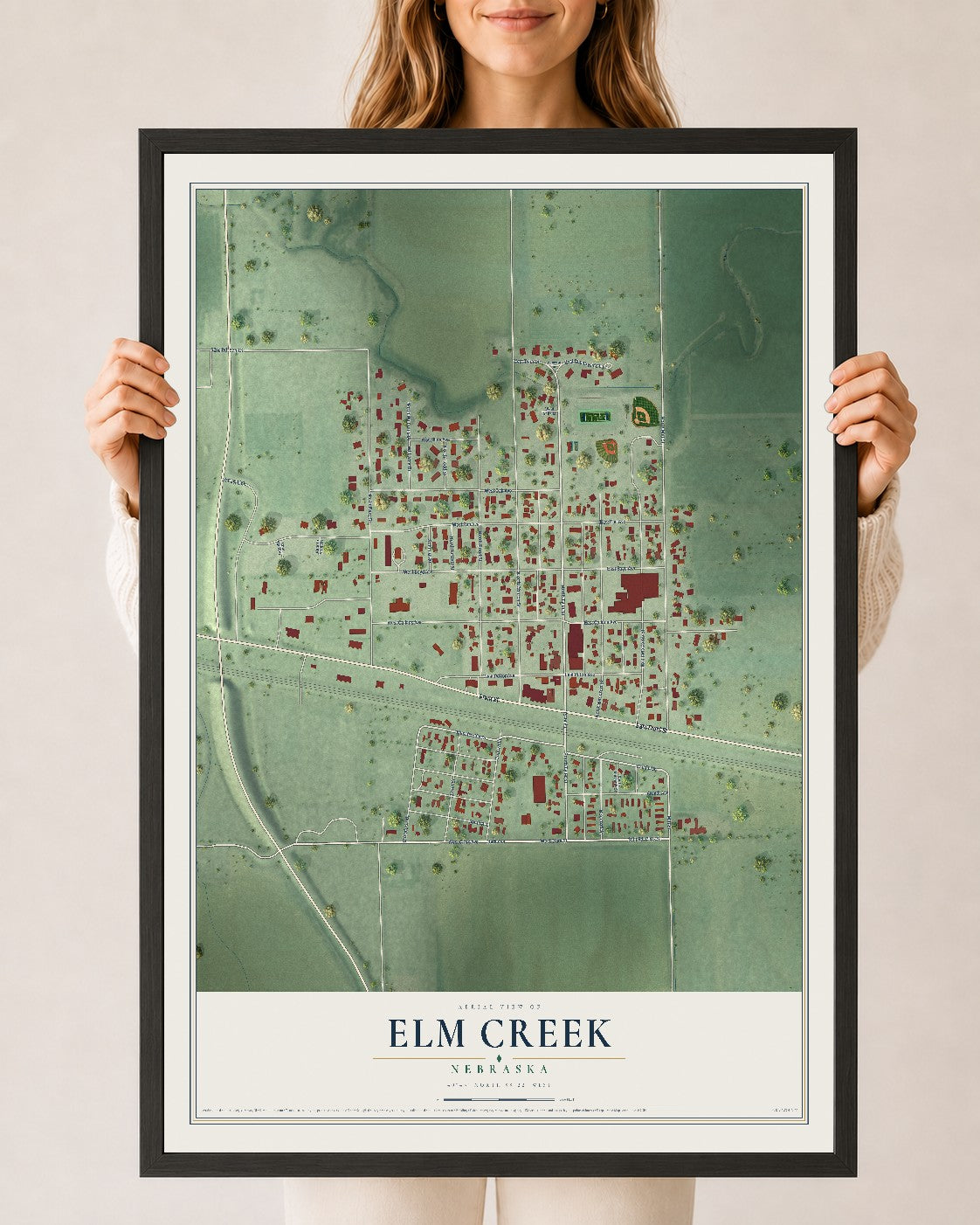Map of Elm Creek, Nebraska, 24 x 36 inch print in a black wood frame