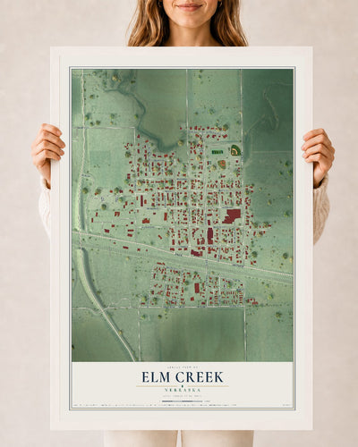 Map of Elm Creek, Nebraska, 24 x 36 inch print in a white wood frame