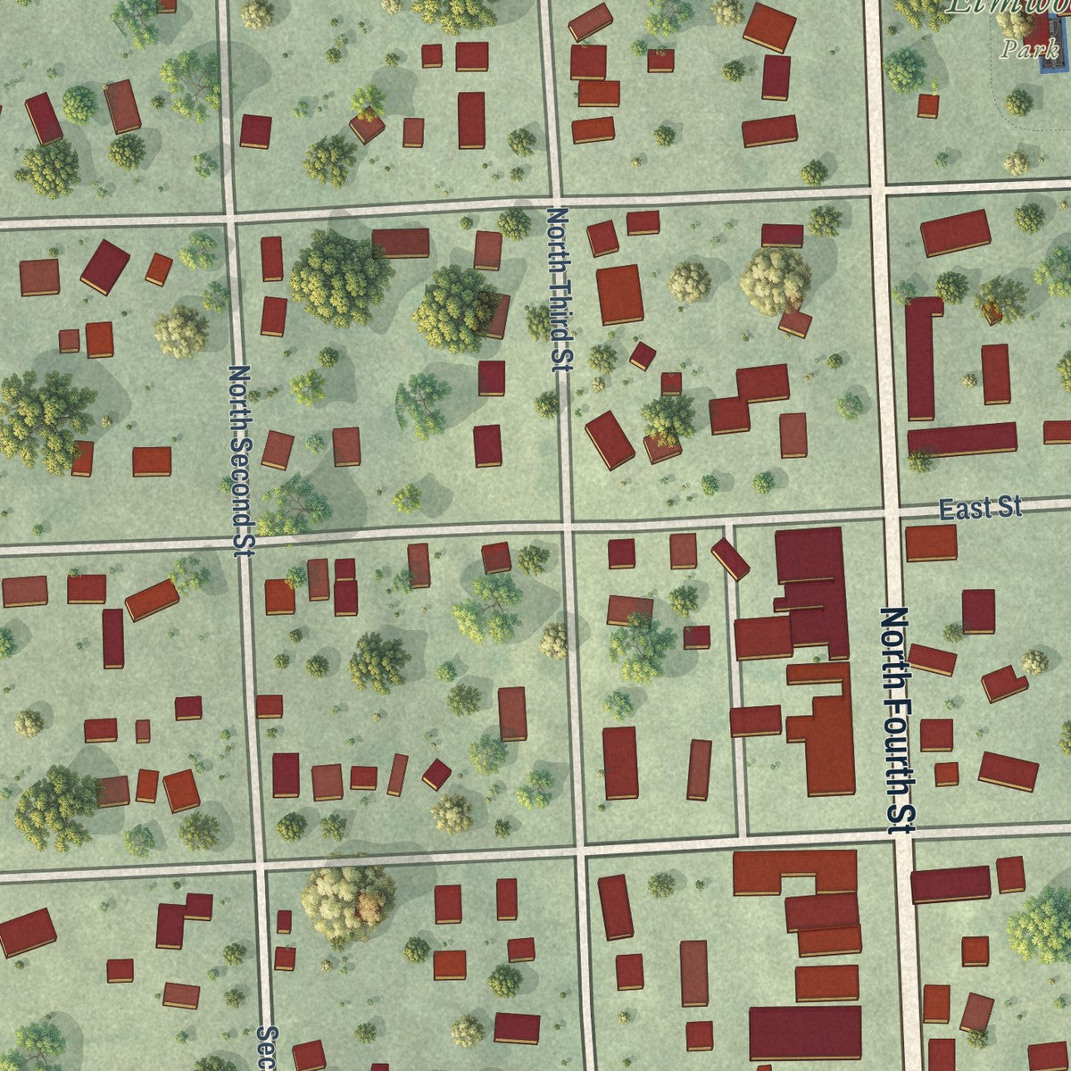 Close-up of the map of Elmwood, Nebraska print showing street and building detail