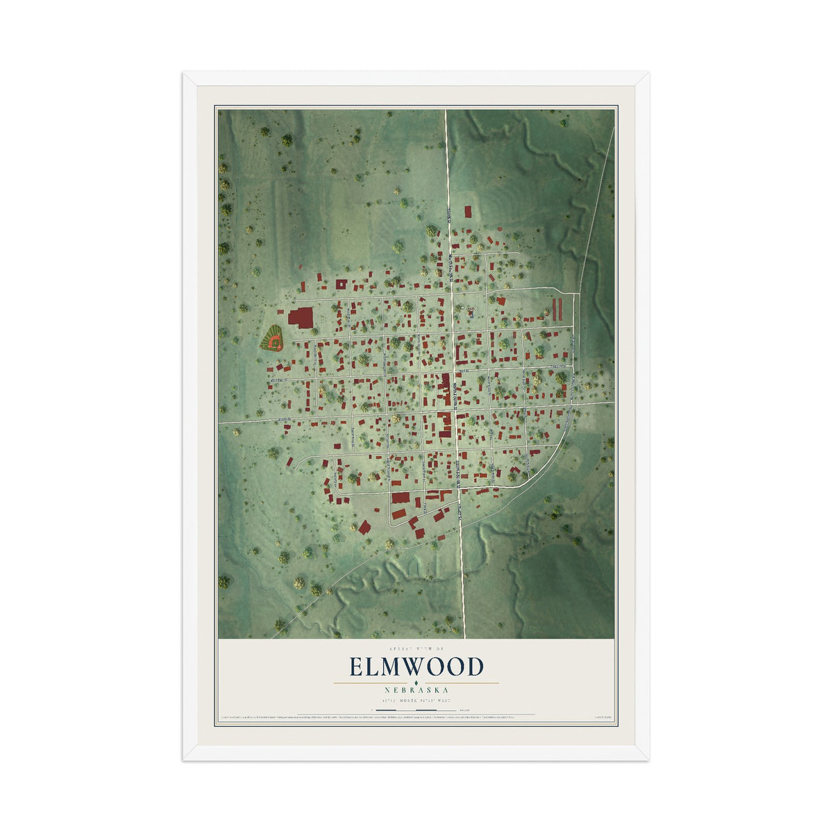 Map of Elmwood, Nebraska, 12 x 18 inch print in a white wood frame