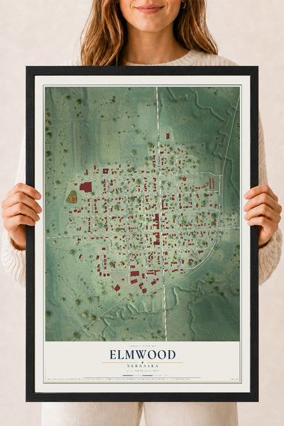 Map of Elmwood, Nebraska, 18 x 24 inch print in a black wood frame