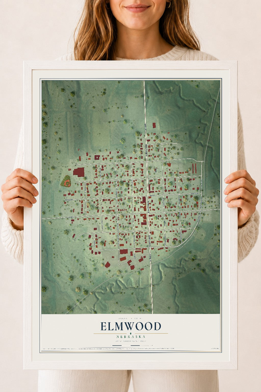 Map of Elmwood, Nebraska, 18 x 24 inch print in a white wood frame