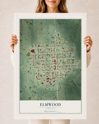 Map of Elmwood, Nebraska, 24 x 36 inch print in a white wood frame