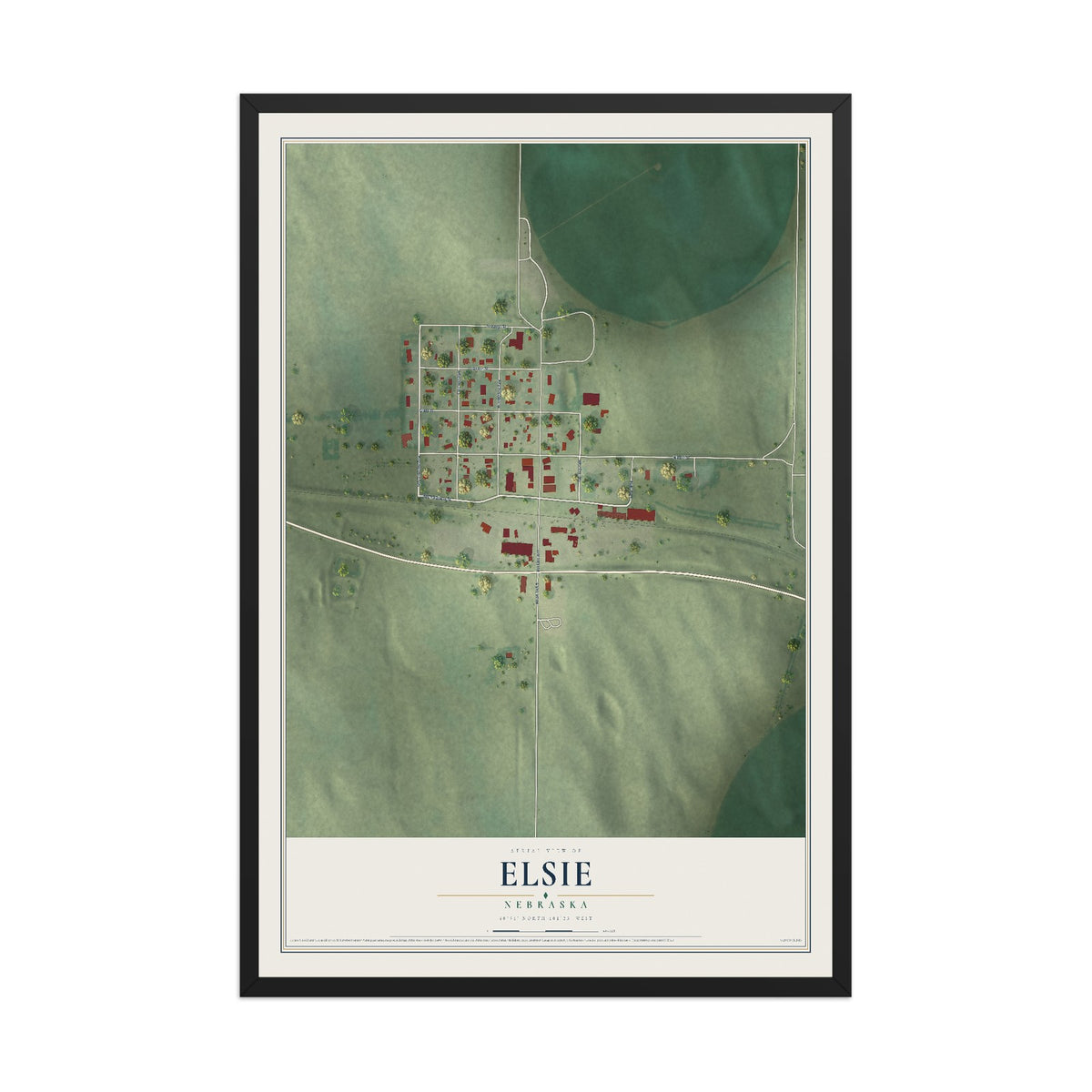 Map of Elsie, Nebraska, 12 x 18 inch print in a black wood frame