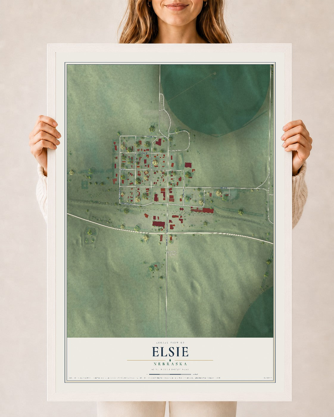Map of Elsie, Nebraska, 24 x 36 inch print in a white wood frame