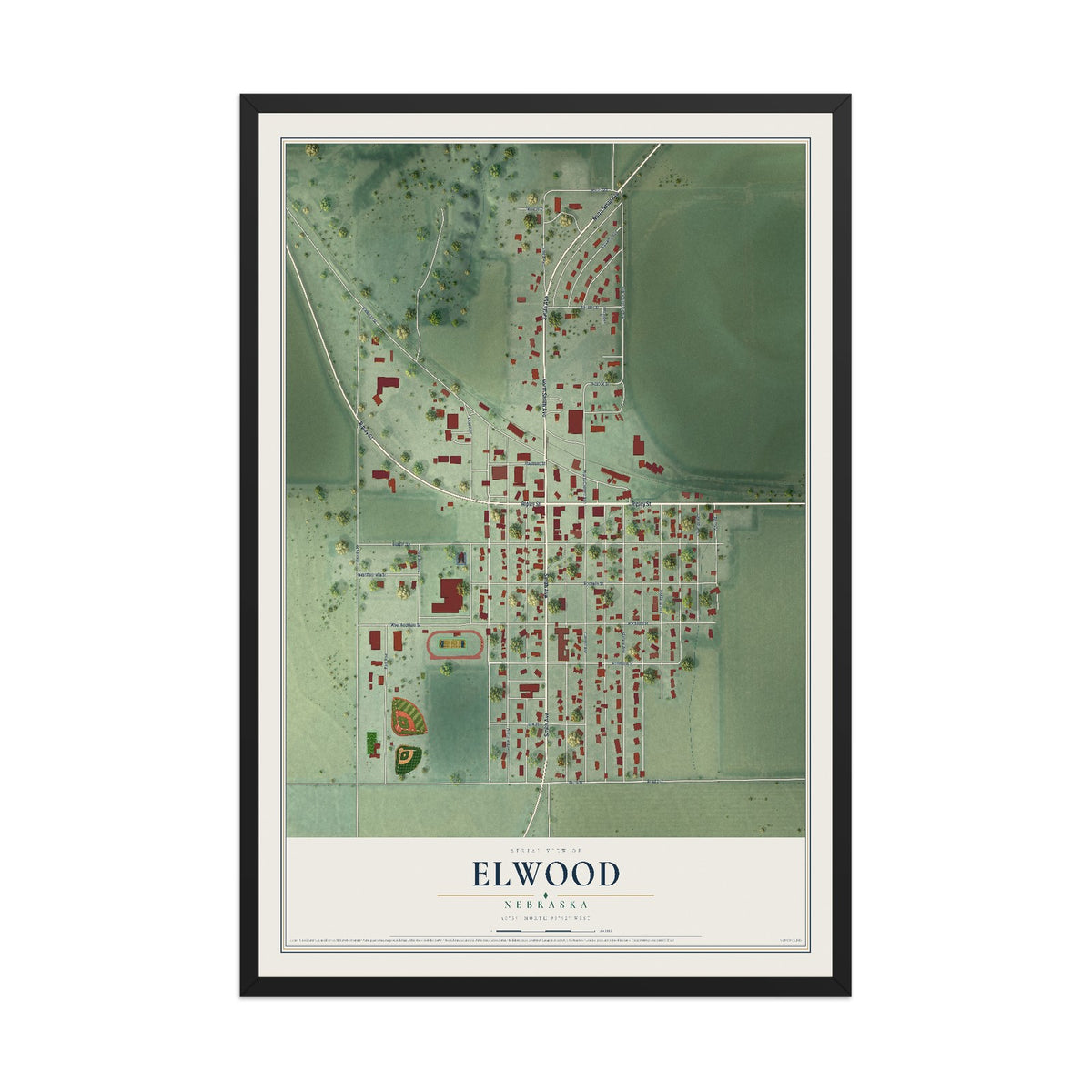Map of Elwood, Nebraska, 12 x 18 inch print in a black wood frame